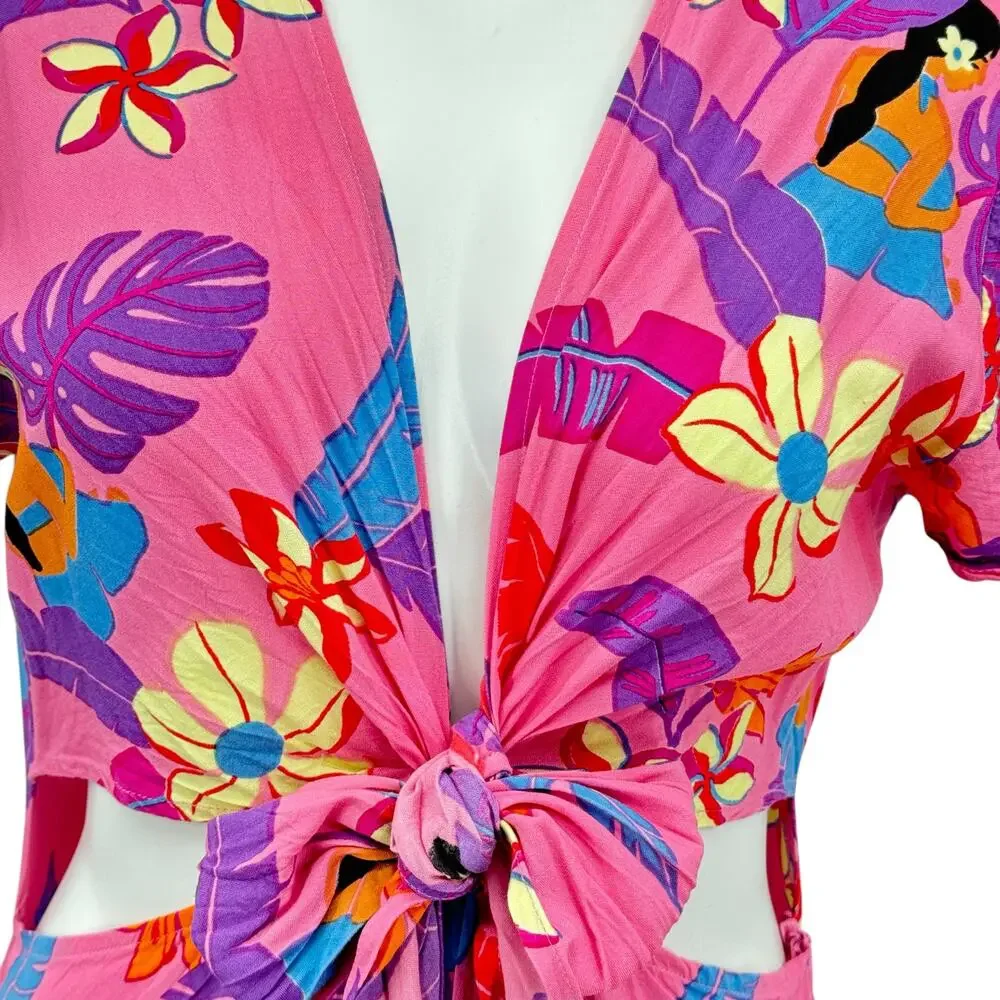 XIX Palms Hawaii Dress Kohala Cut Out Maxi Large Womens Pink Tropical Resort